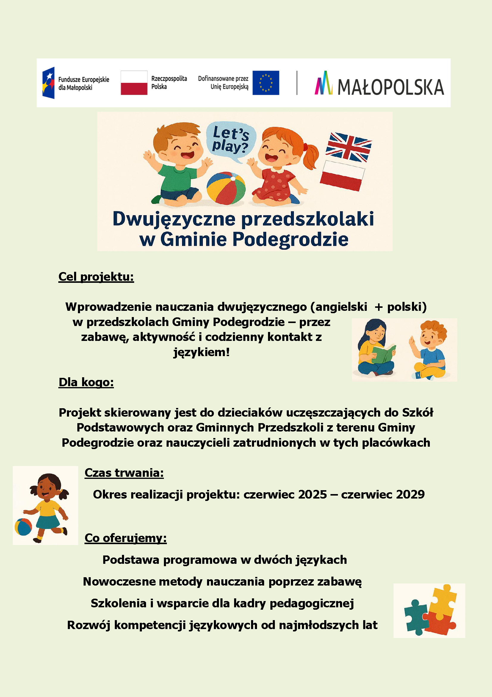Rekrutacja do projektu „Let’s play! Dwujęzyczne przedszkolaki w Gminie Podegrodzie”